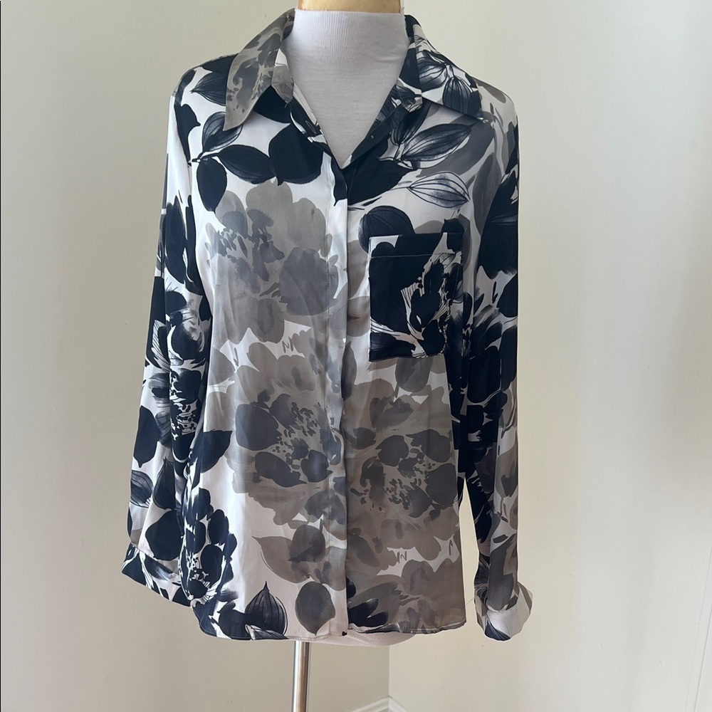 Zara medium satin finish Floral Black and Gray Women's Top.